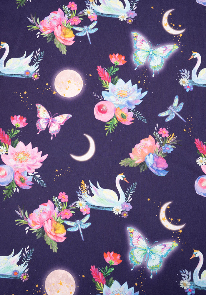 Second angle of Calandra Celestial Swans Print Midi Dress