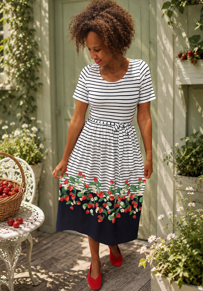 Front view of Calista Strawberries &amp; Stripe Print Midi Dress