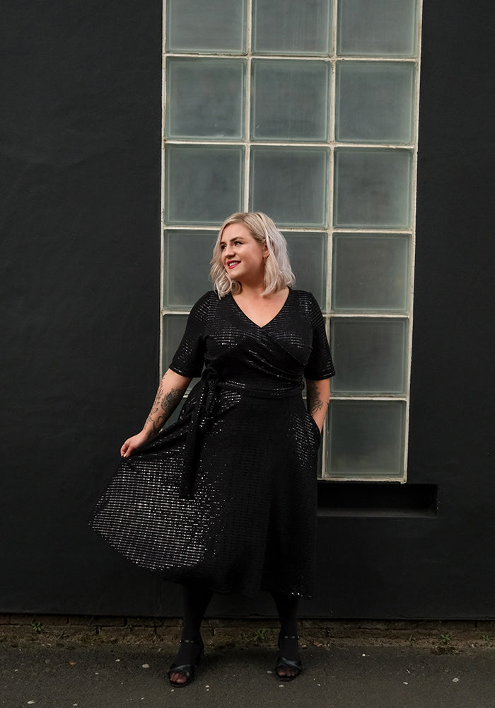 Another angle of Candescent Black Sequin Swing Dress