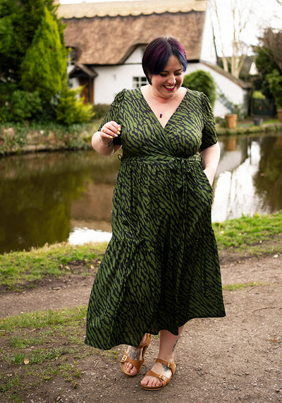 Capri Khaki Animal Print Tiered Hem Midaxi Dress