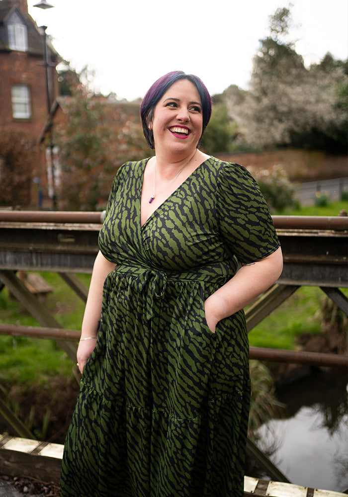 Capri Khaki Animal Print Tiered Hem Midaxi Dress
