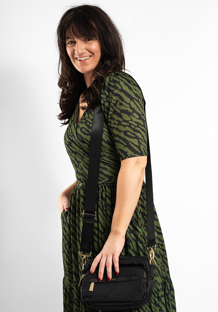 Capri Khaki Animal Print Tiered Hem Midaxi Dress