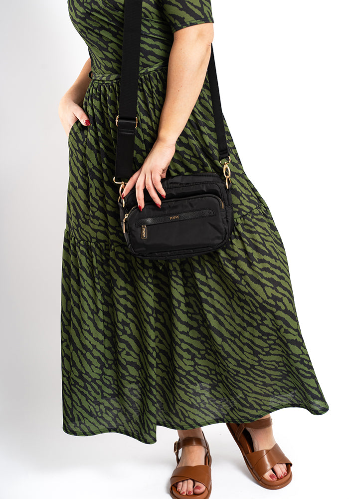 Capri Khaki Animal Print Tiered Hem Midaxi Dress