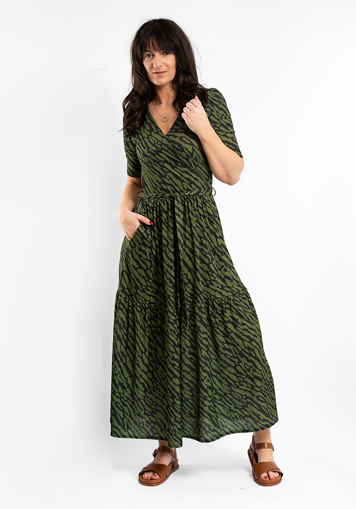 Capri Khaki Animal Print Tiered Hem Midaxi Dress