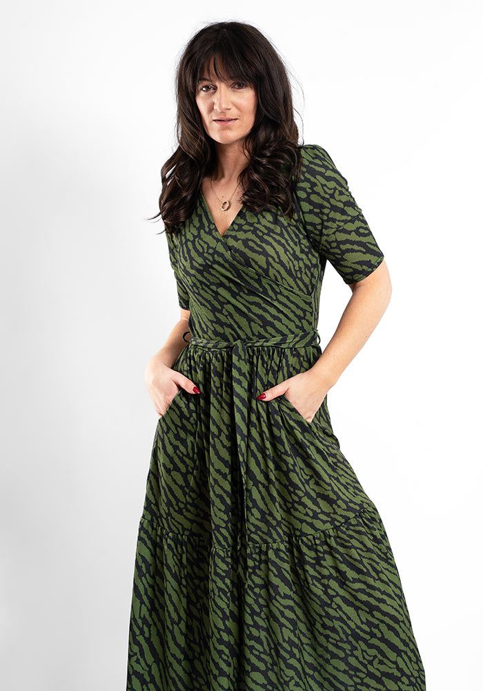 Capri Khaki Animal Print Tiered Hem Midaxi Dress