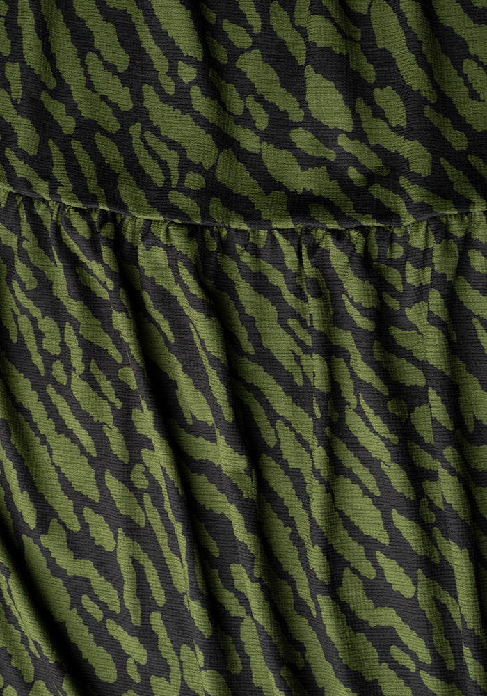 Capri Khaki Animal Print Tiered Hem Midaxi Dress