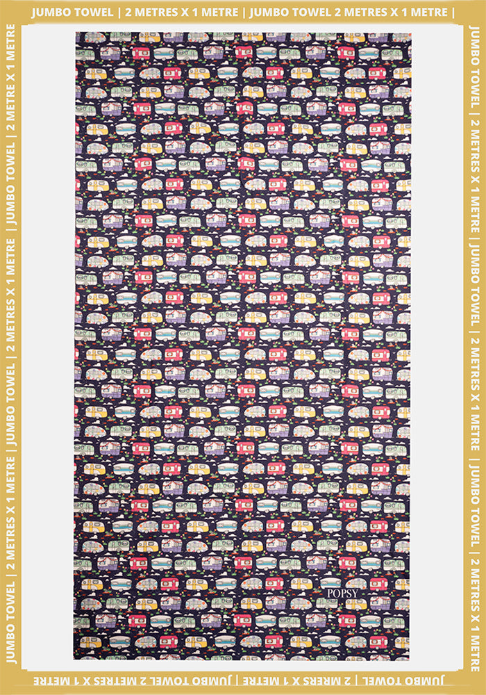 Front view of Caravan Print Jumbo Bath Sheet, jumbo Bath Sheet with retro caravan print.