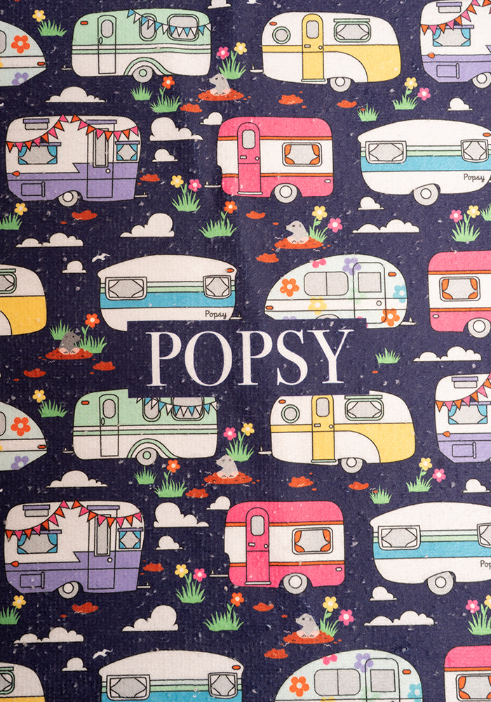 Second angle of Caravan Print Jumbo Bath Sheet, jumbo Bath Sheet with retro caravan print.
