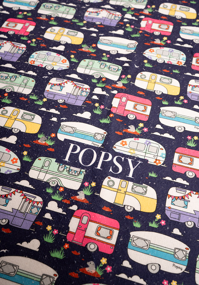 Fifth angle of Caravan Print Jumbo Bath Sheet, jumbo Bath Sheet with retro caravan print.