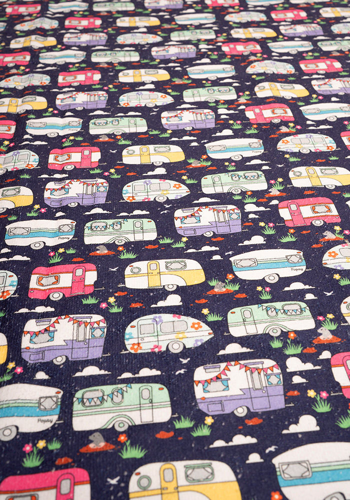 Fourth angle of Caravan Print Jumbo Bath Sheet, jumbo Bath Sheet with retro caravan print.