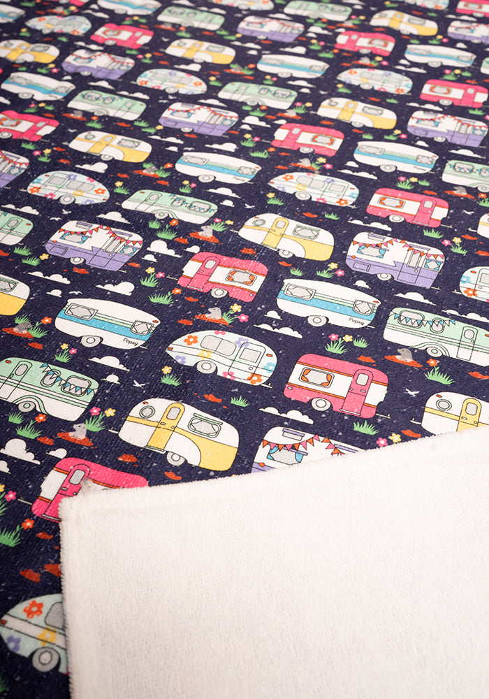 Third angle of Caravan Print Jumbo Bath Sheet, jumbo Bath Sheet with retro caravan print.