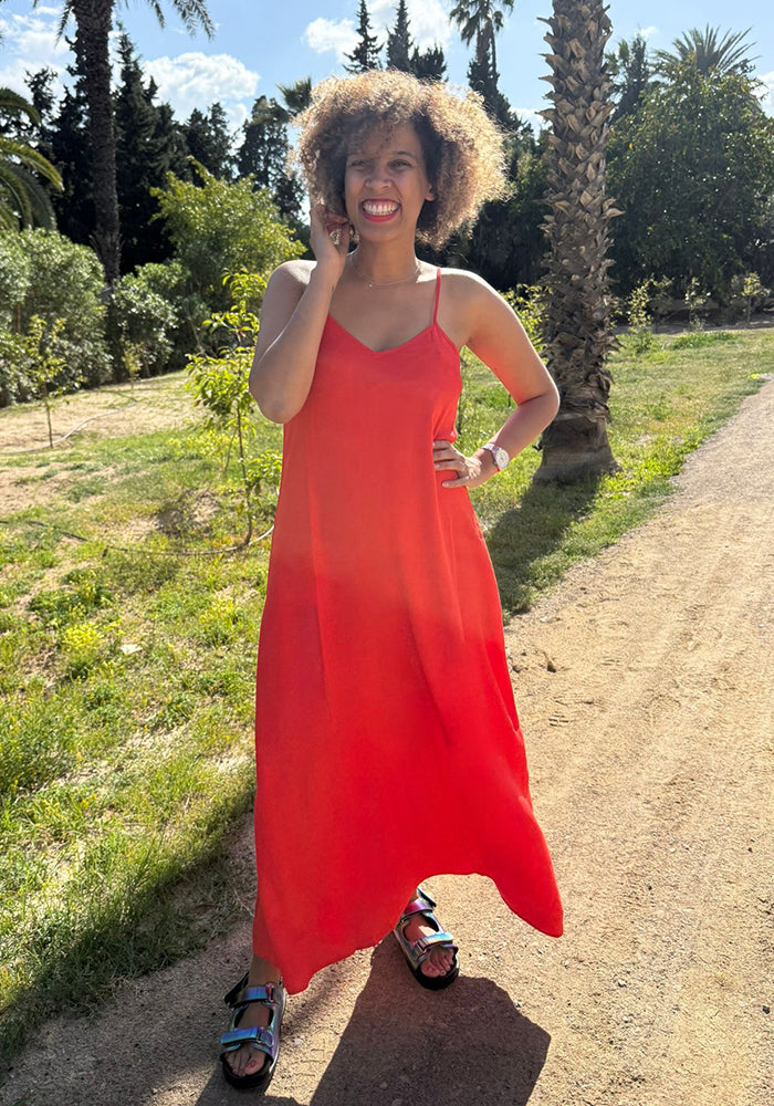 Third angle of Cariad Solid Red Ankle Length Woven Viscose Crepe Dress
