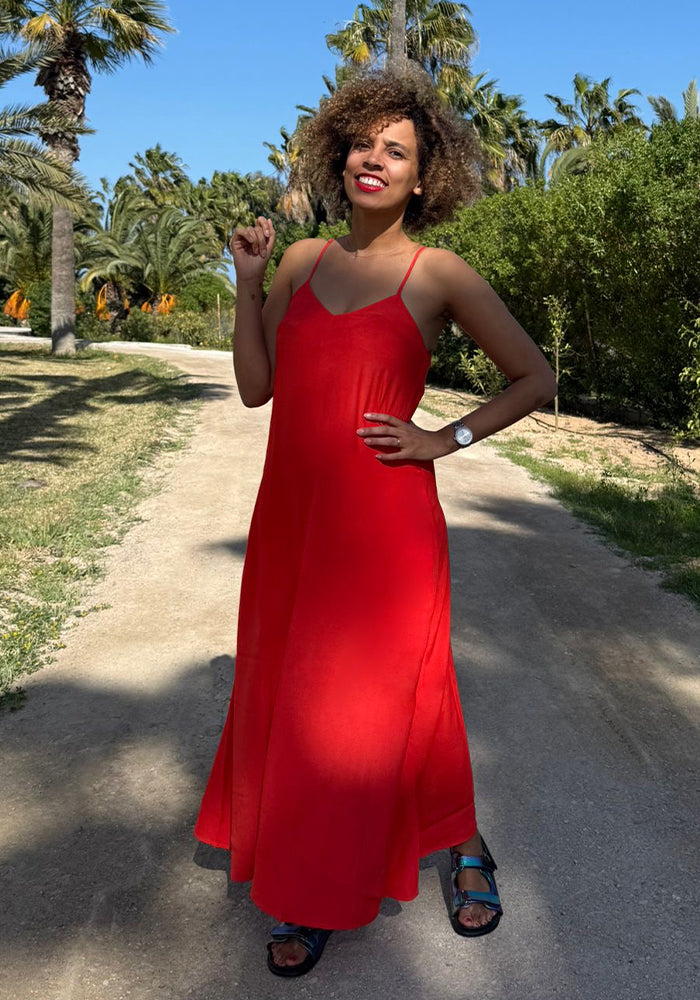 Front view of Cariad Solid Red Ankle Length Woven Viscose Crepe Dress