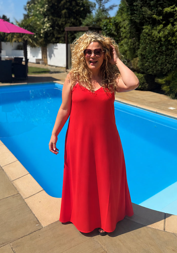 Second angle of Cariad Solid Red Ankle Length Woven Viscose Crepe Dress