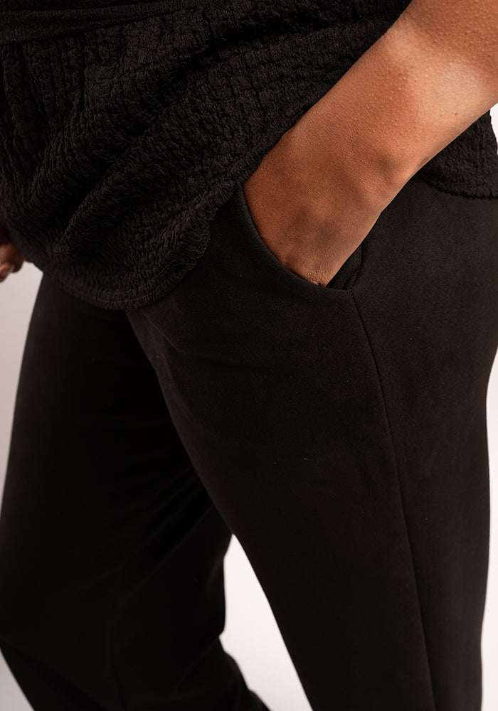 Fifth angle of Carly Suede Effect Black Full Length Pull On Trousers