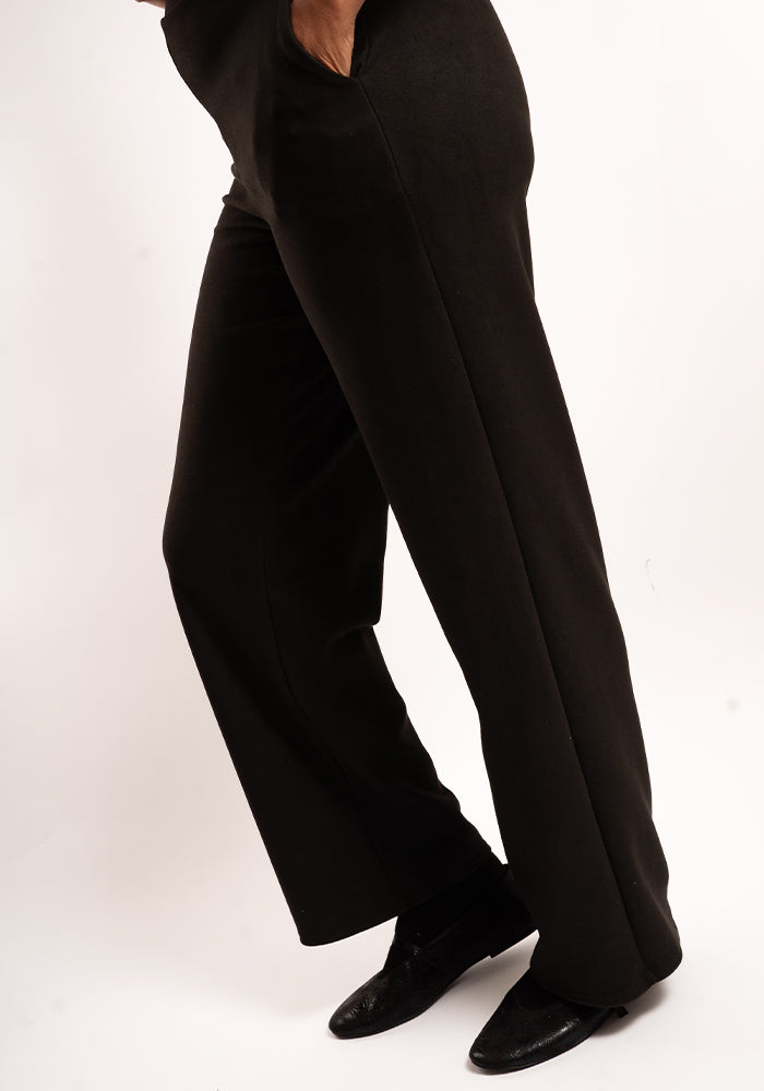 Fourth angle of Carly Suede Effect Black Full Length Pull On Trousers