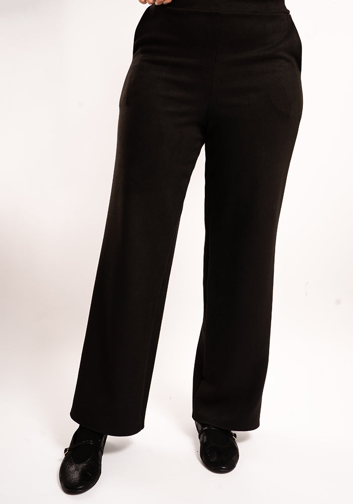 Front view of Carly Suede Effect Black Full Length Pull On Trousers