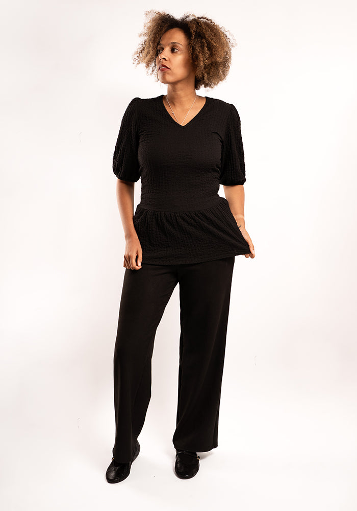 Third angle of Carly Suede Effect Black Full Length Pull On Trousers