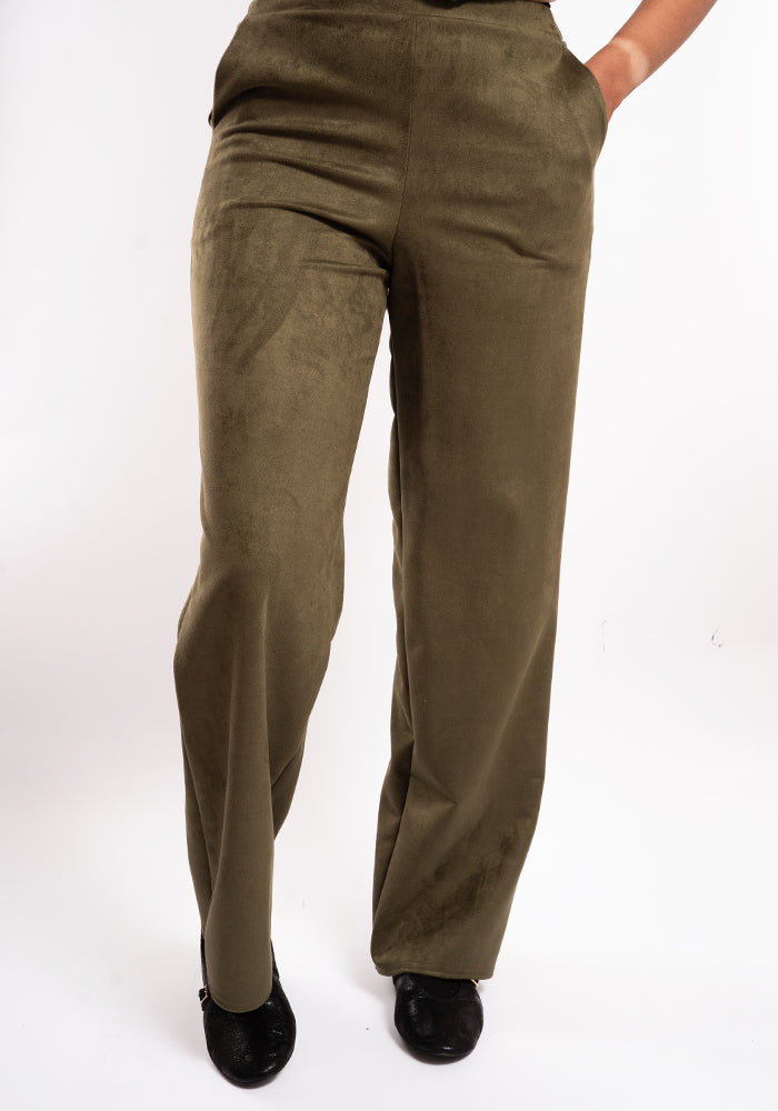 Fifth angle of Carly Suede Effect Khaki Full Length Pull On Trousers