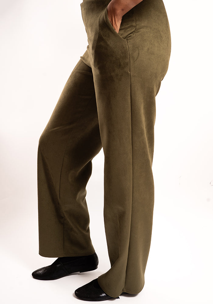 Front view of Carly Suede Effect Khaki Full Length Pull On Trousers