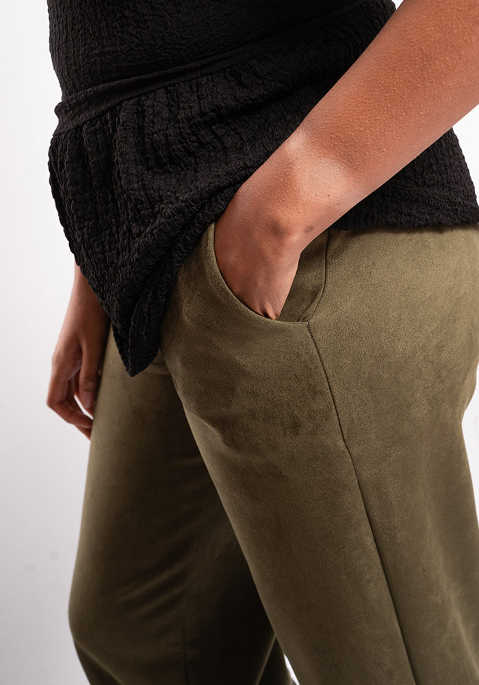 Fourth angle of Carly Suede Effect Khaki Full Length Pull On Trousers