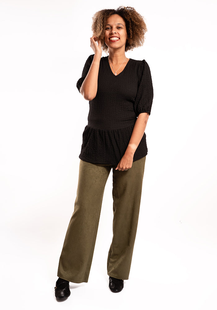Third angle of Carly Suede Effect Khaki Full Length Pull On Trousers