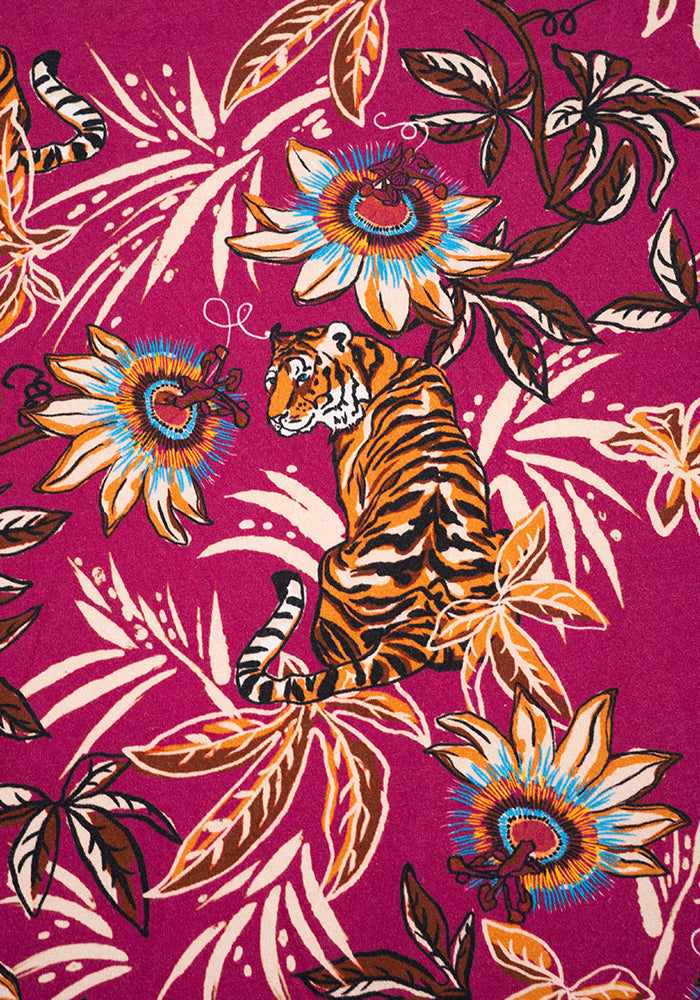 Third angle of Carmella Tiger Jungle Print Cotton Midaxi Dress (Magenta)