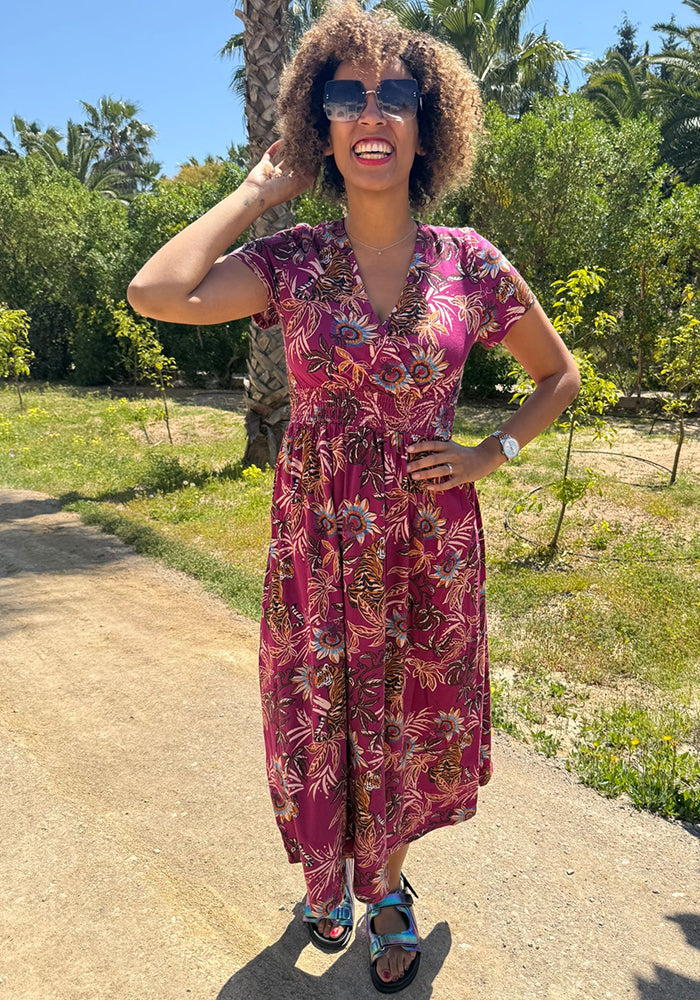 Fourth angle of Carmella Tiger Jungle Print Cotton Midaxi Dress (Magenta)