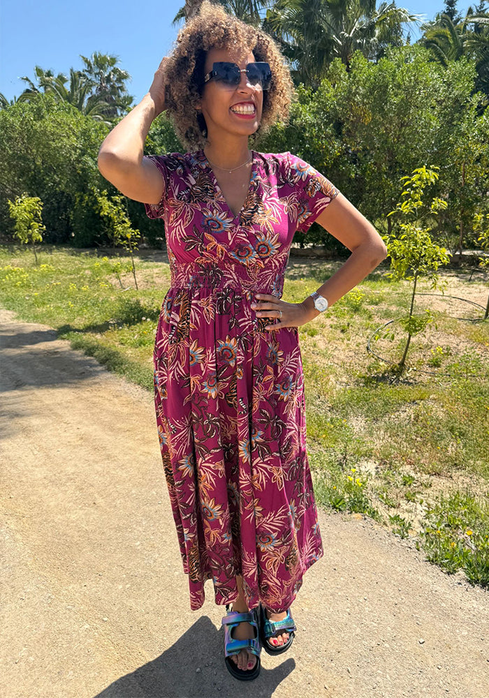 Front view of Carmella Tiger Jungle Print Cotton Midaxi Dress (Magenta)