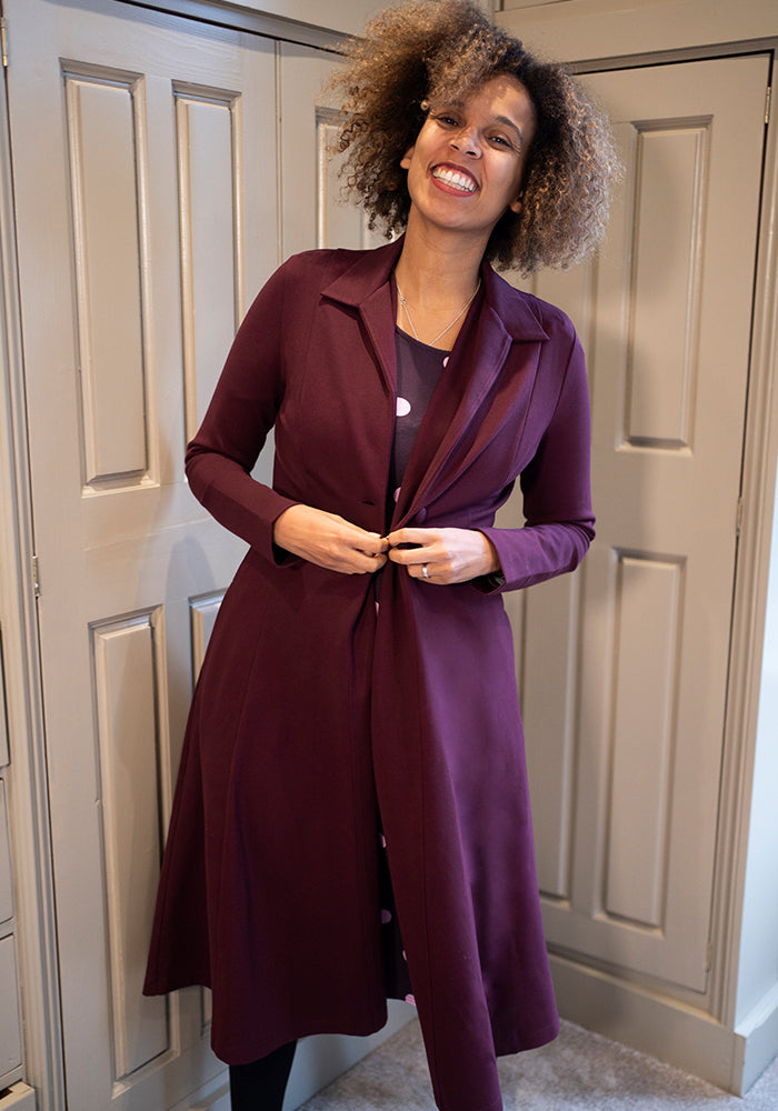 Front view of Carrington Mulberry Ponte Dress Coat (Coatigan)
