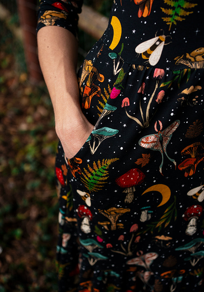 Carter Woodland Mushroom Print Cotton Tiered Hem Midaxi Dress