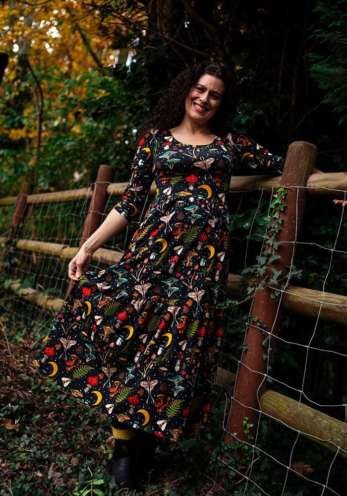 Carter Woodland Mushroom Print Cotton Tiered Hem Midaxi Dress