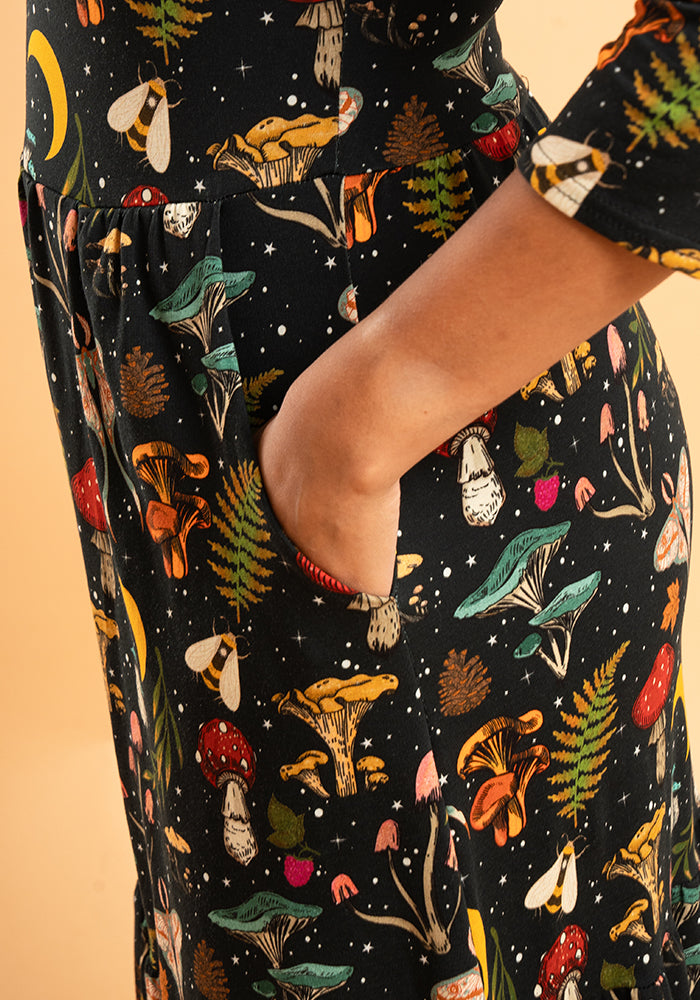 Carter Woodland Mushroom Print Cotton Tiered Hem Midaxi Dress