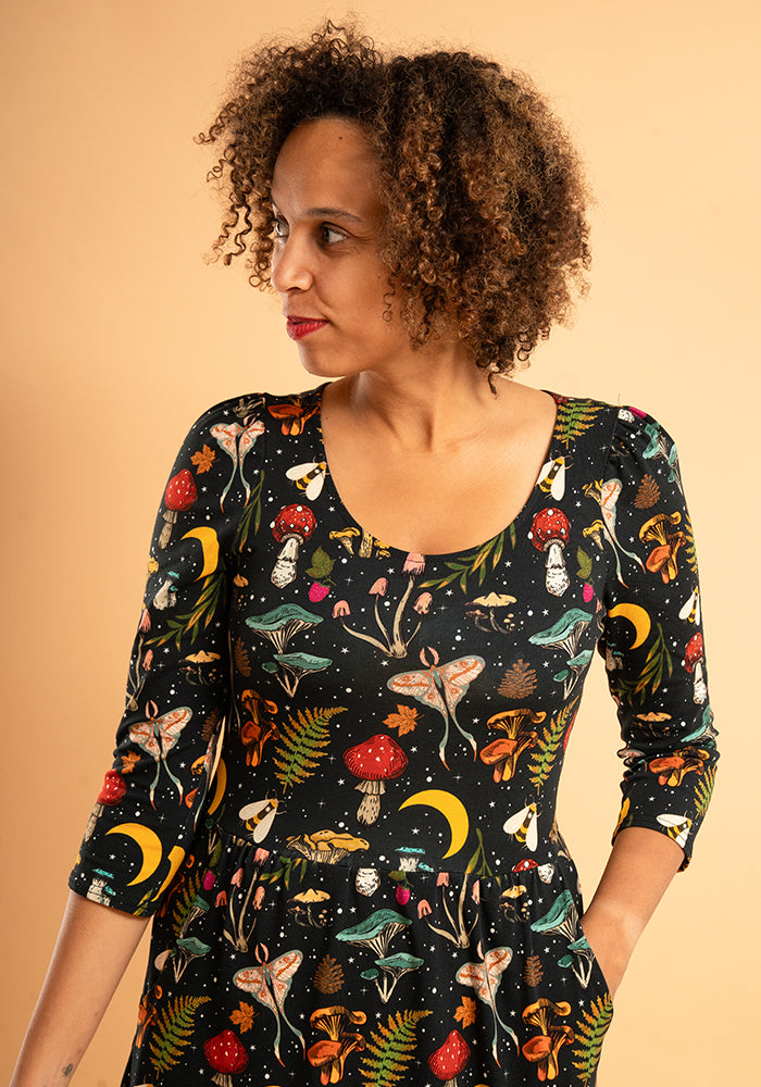 Carter Woodland Mushroom Print Cotton Tiered Hem Midaxi Dress
