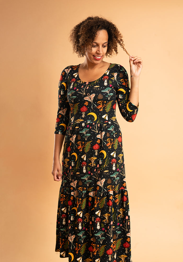Carter Woodland Mushroom Print Cotton Tiered Hem Midaxi Dress