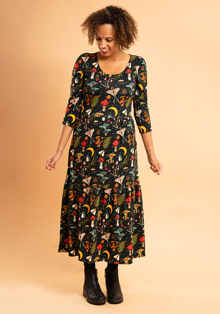 Carter Woodland Mushroom Print Cotton Tiered Hem Midaxi Dress