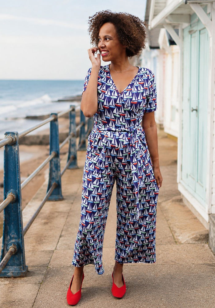 Front view of Caspian Sailboats Print Jersey Culotte Jumpsuit (Navy)