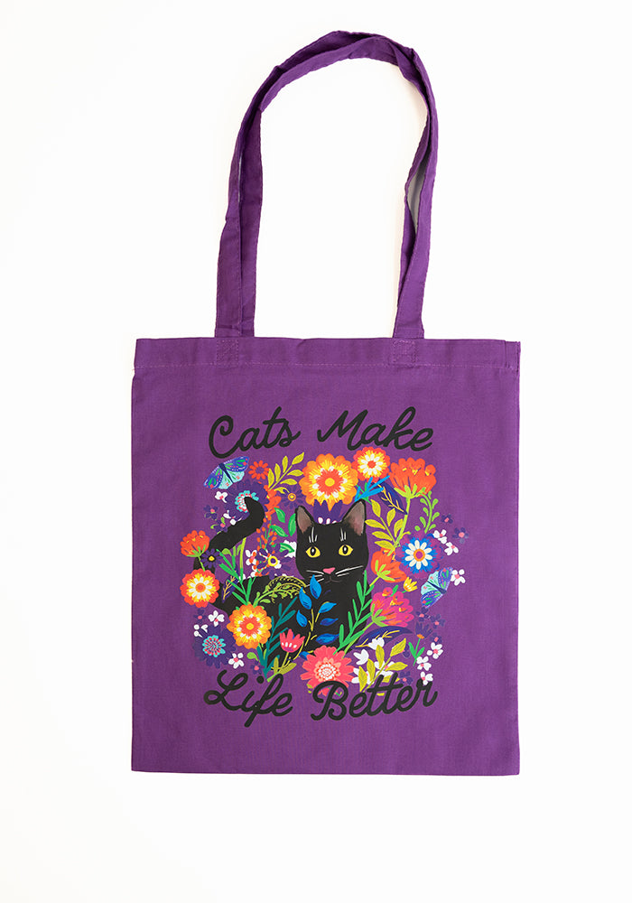 Front view of Cat Print Cotton Canvas Bag - Women&