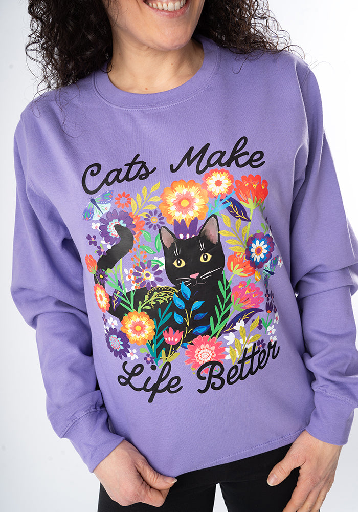 Front view of Cat Print Sweatshirt (Lavender)
