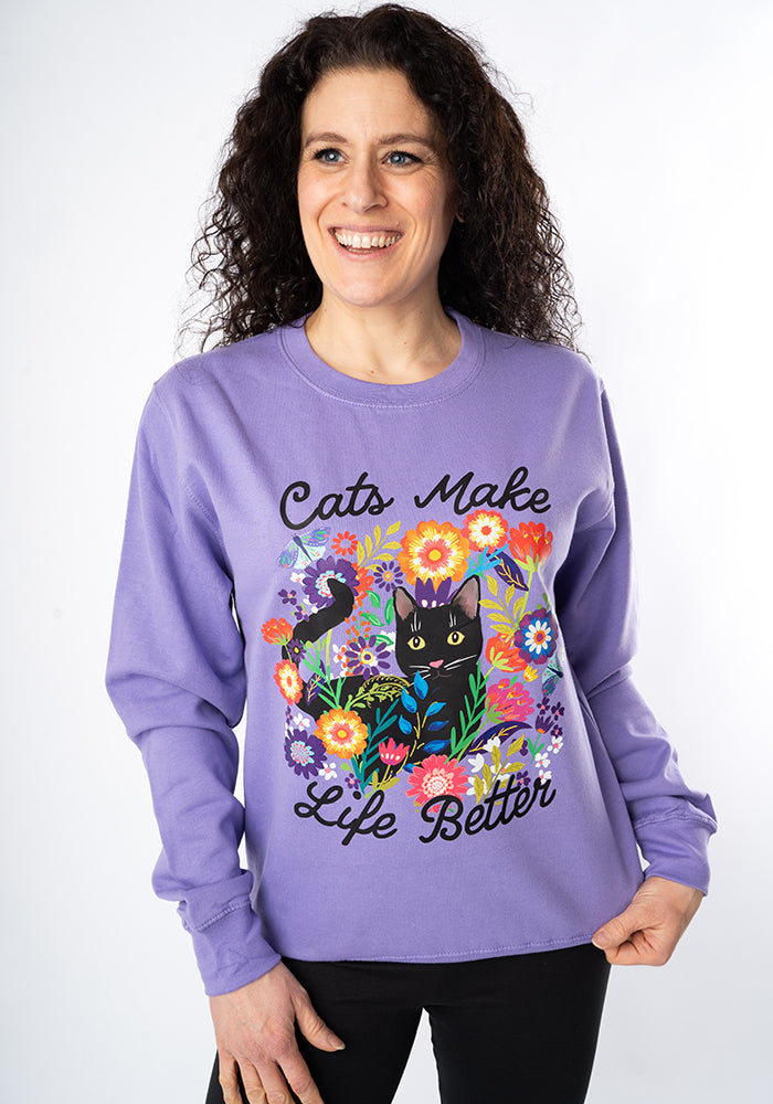Sixth angle of Cat Print Sweatshirt (Lavender)