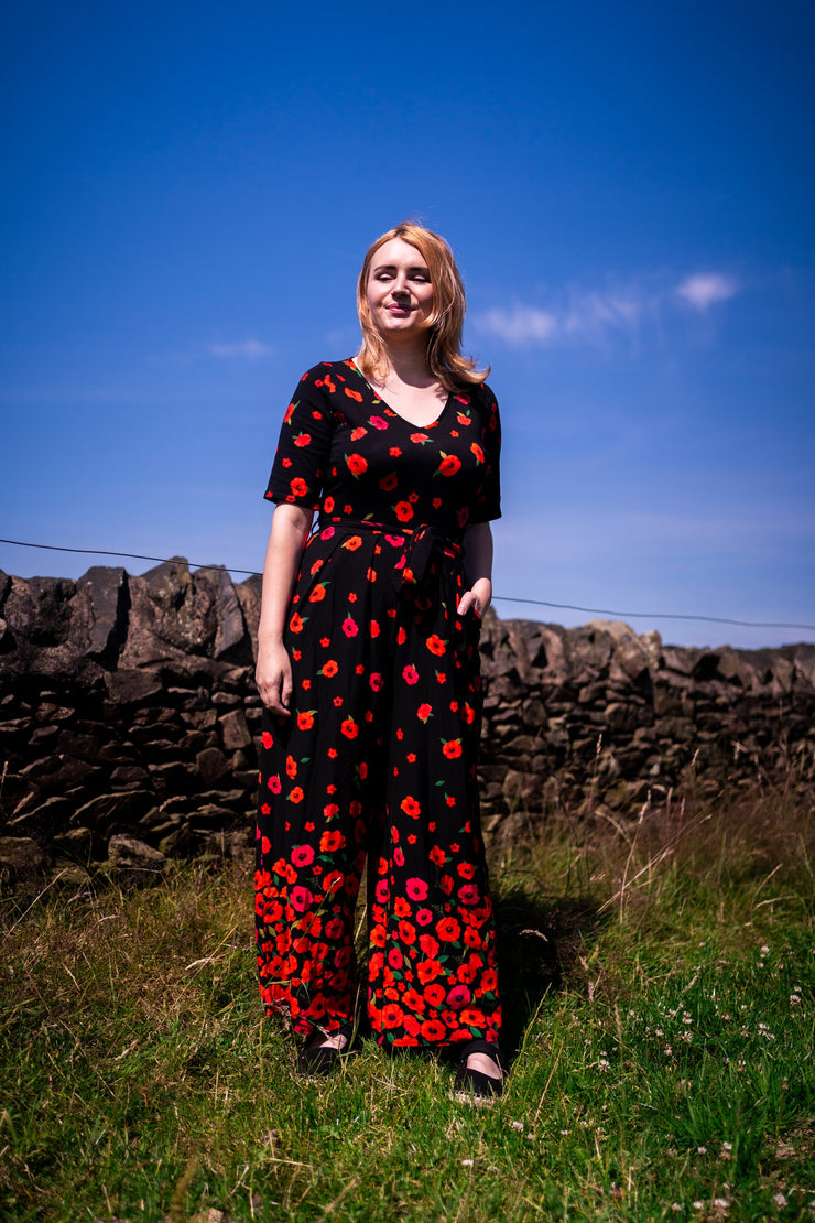 Russo Poppy Border Print Cotton Culotte Leg Jumpsuit
