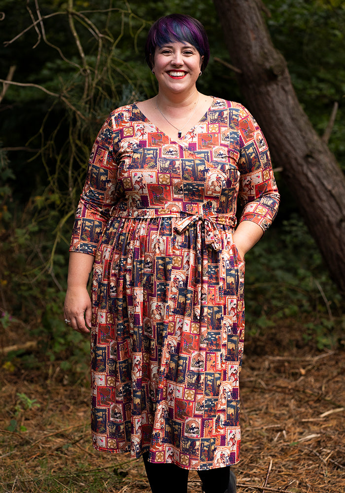 Front view of Cadence Wild West Print Midi Dress