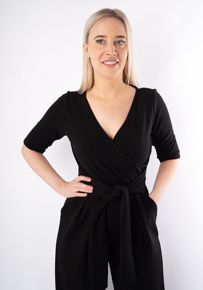 Seventh angle of Cece Black Textured Crepe Culotte Leg Jumpsuit