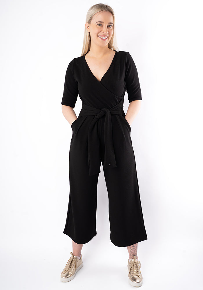 Sixth angle of Cece Black Textured Crepe Culotte Leg Jumpsuit
