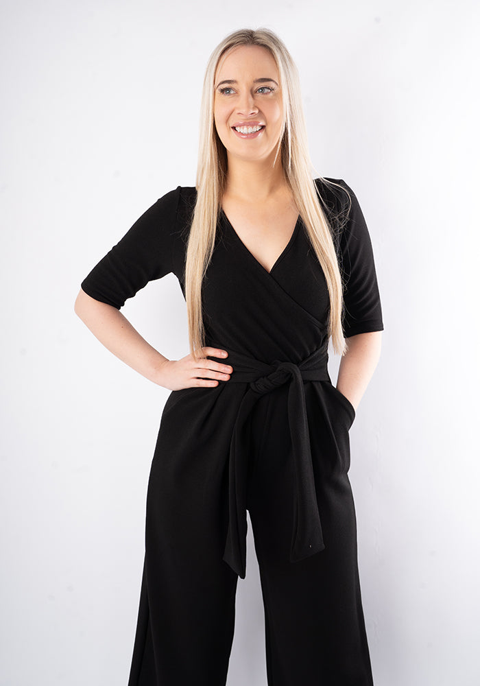 Fourth angle of Cece Black Textured Crepe Culotte Leg Jumpsuit