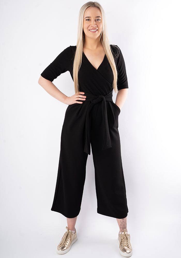Front view of Cece Black Textured Crepe Culotte Leg Jumpsuit