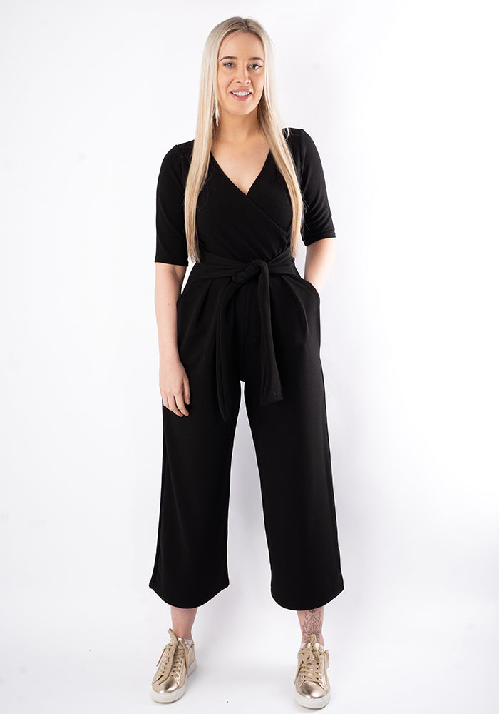 Second angle of Cece Black Textured Crepe Culotte Leg Jumpsuit