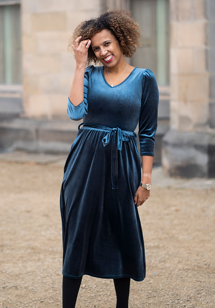 Front view of Celaena Steel Blue Velvet Midi Dress