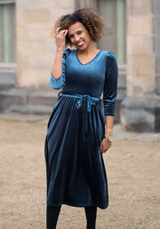 Celaena Steel Blue Velvet Midi Dress