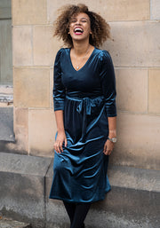 Celaena Steel Blue Velvet Midi Dress